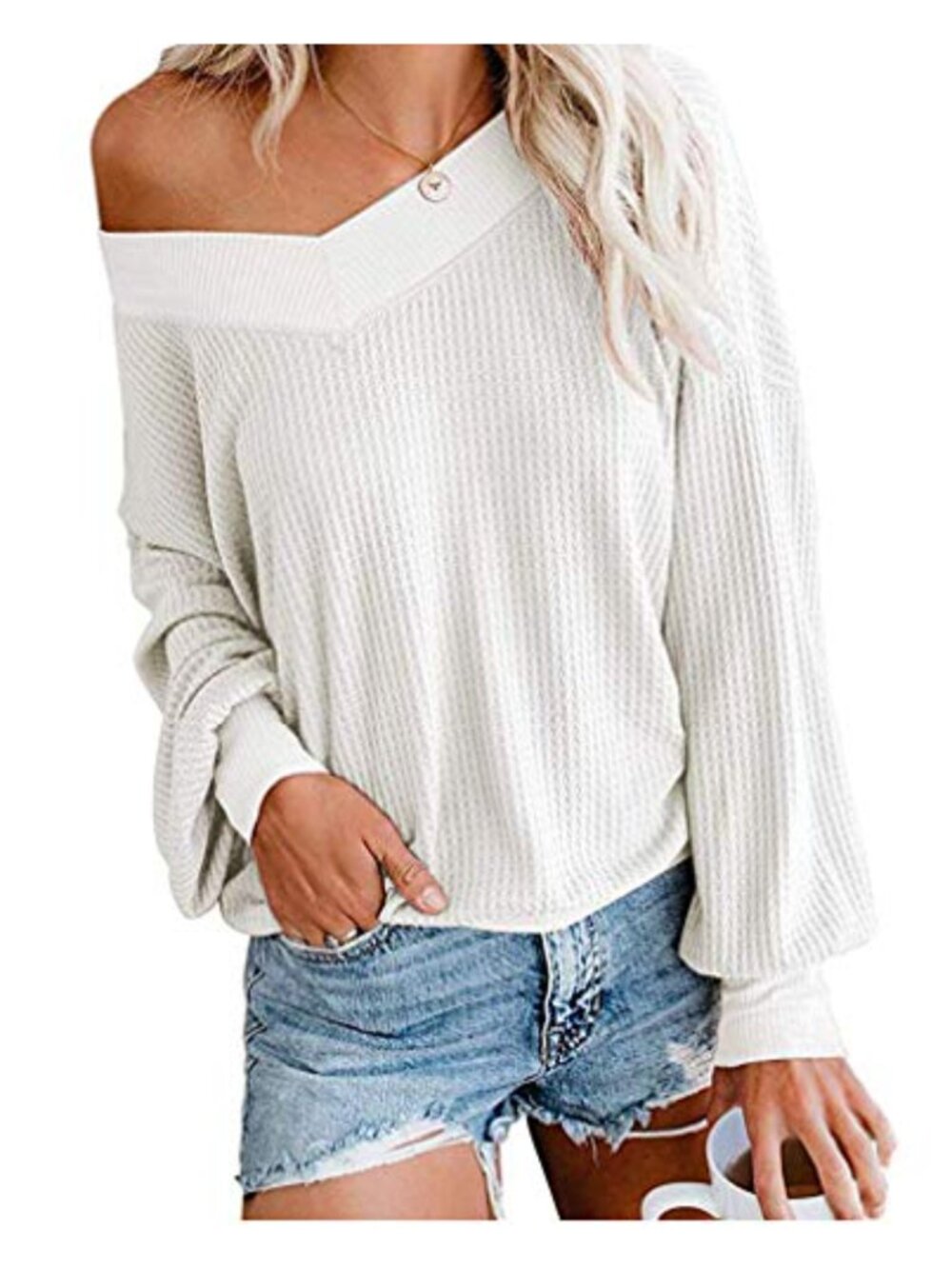 Womens Waffle Knit V-Neck Long Sleeve Oversized Off Shoulder Pullover Sweater